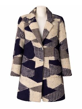 Size M (36) Sandwich Women’s Geometric Patchwork Wool Blend Coat Navy Cream Grey